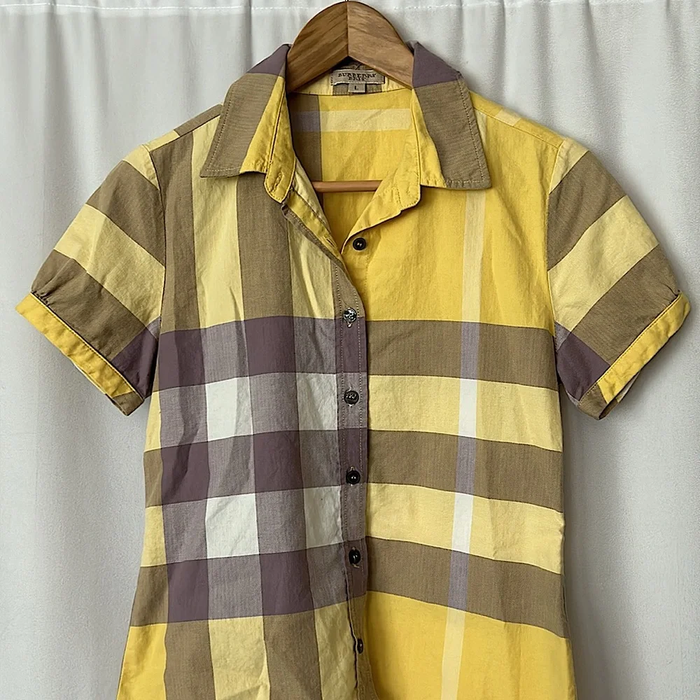Burberry Brit Sunny Yellow/Grey Plaid Short Sleeve Shirt Top **Size L** 🌼🌼 - Picture 3 of 7